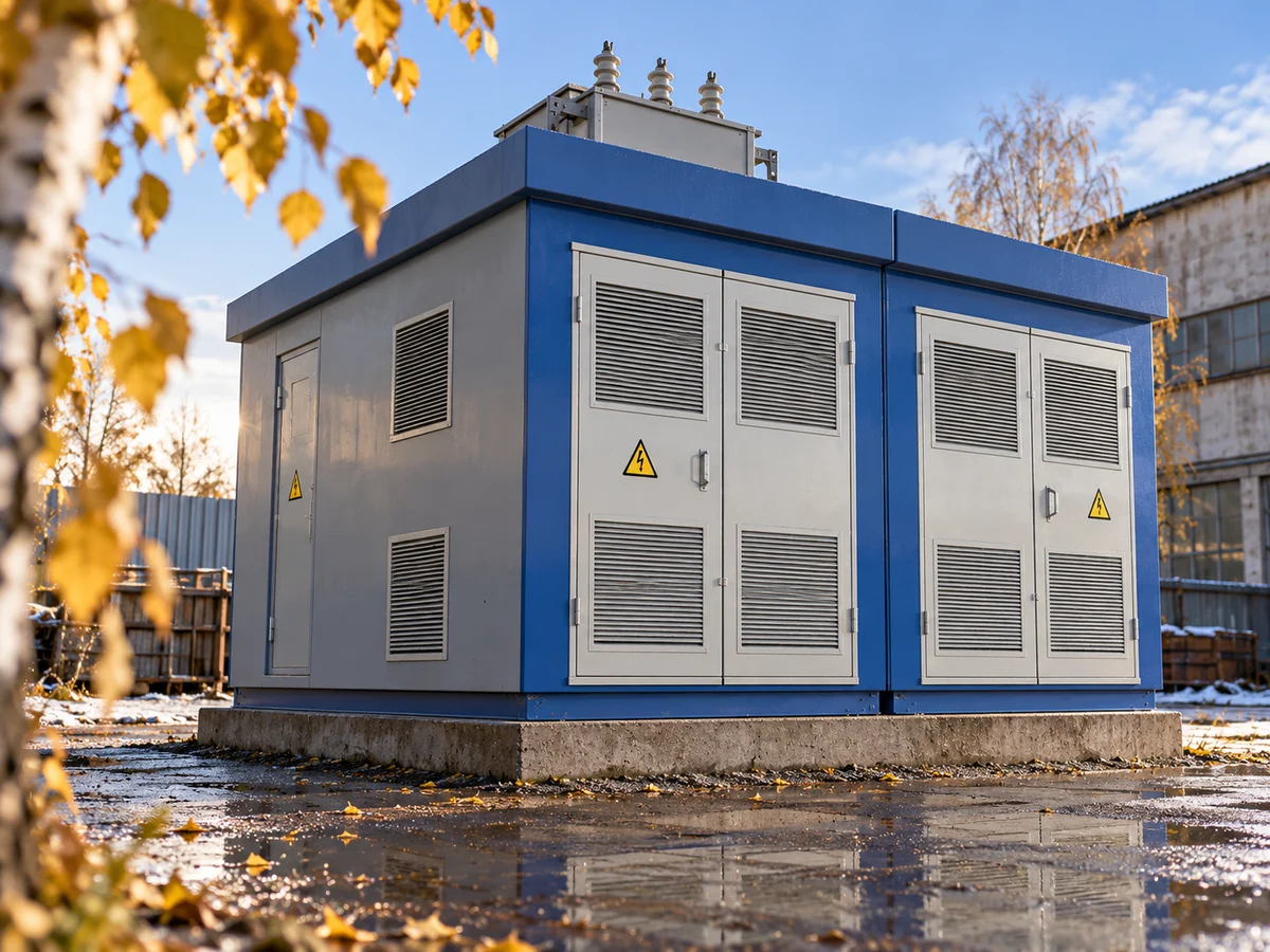 Визуализация компактной подстанции по референсу ИНЕСК: низкий боковой ракурс